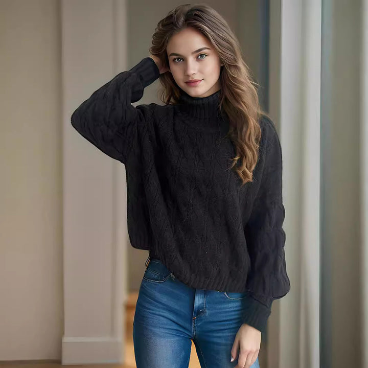 Damen Grobstrickpullover mit hohem Kragen und innovativem Zopfmuster Drune