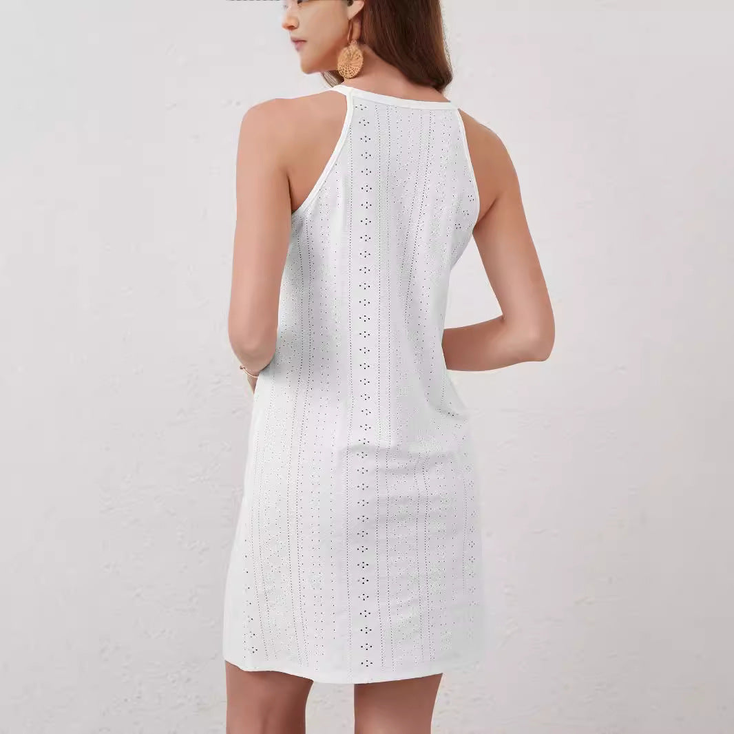 Damen nan ärmelloses Minikleid mit Neckholder, Lochstickerei und floraler Häkelapplikation Drune