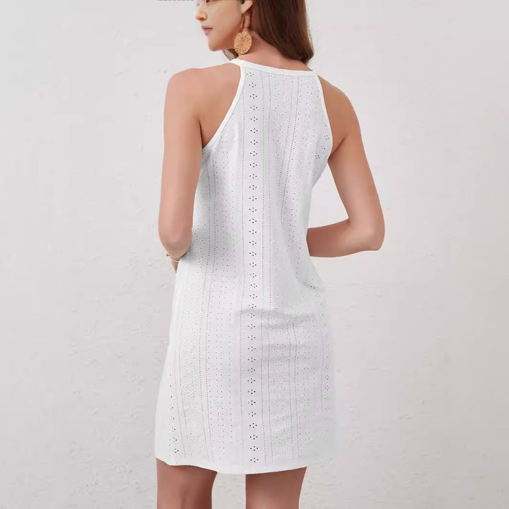 Damen nan ärmelloses Minikleid mit Neckholder, Lochstickerei und floraler Häkelapplikation Drune