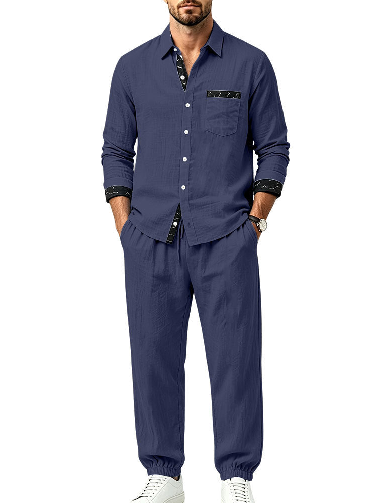 Herren Leichter Baumwoll-Loungewear-Zweiteiler mit Hemd und Kordel-Jogger Drune