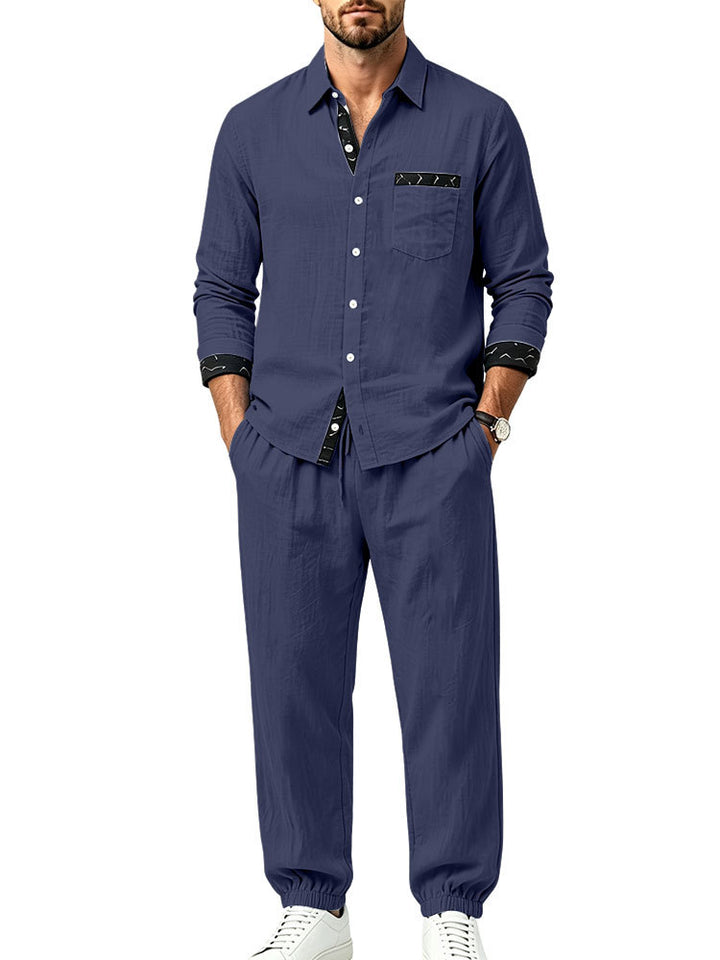 Herren Leichter Baumwoll-Loungewear-Zweiteiler mit Hemd und Kordel-Jogger Drune