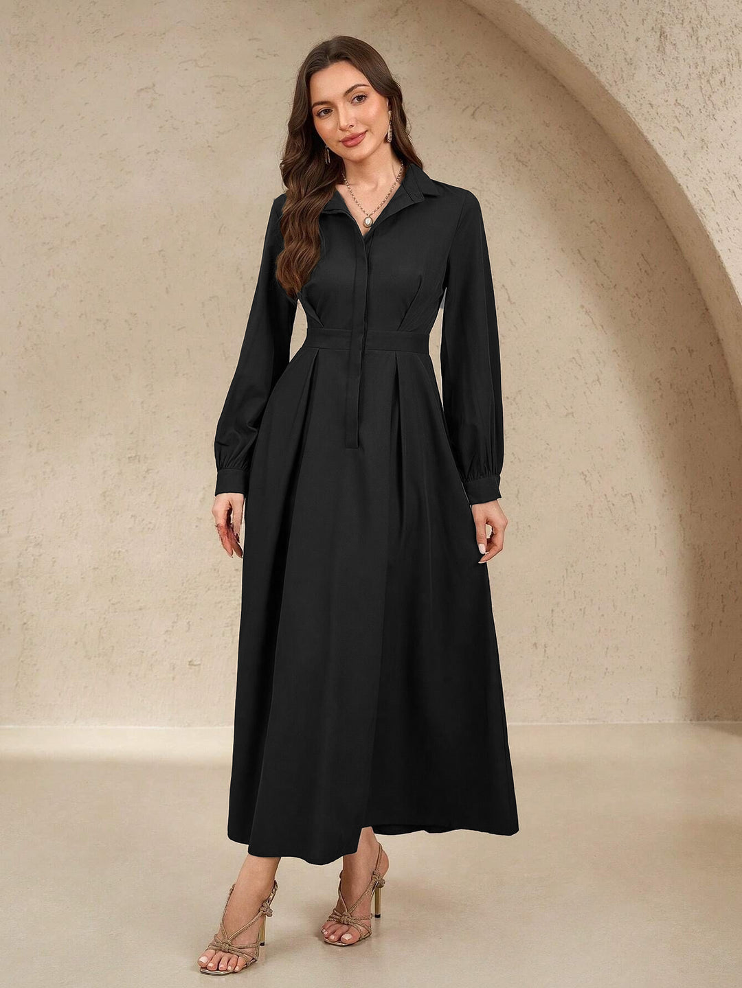 Damen nan langes Hemdblusenkleid mit Taillengürtel, verdeckter Knopfleiste und ballonärmeln Drune