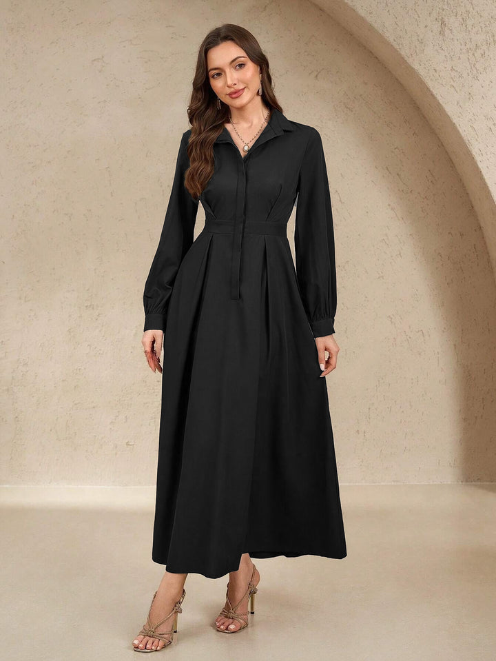 Damen nan langes Hemdblusenkleid mit Taillengürtel, verdeckter Knopfleiste und ballonärmeln Drune