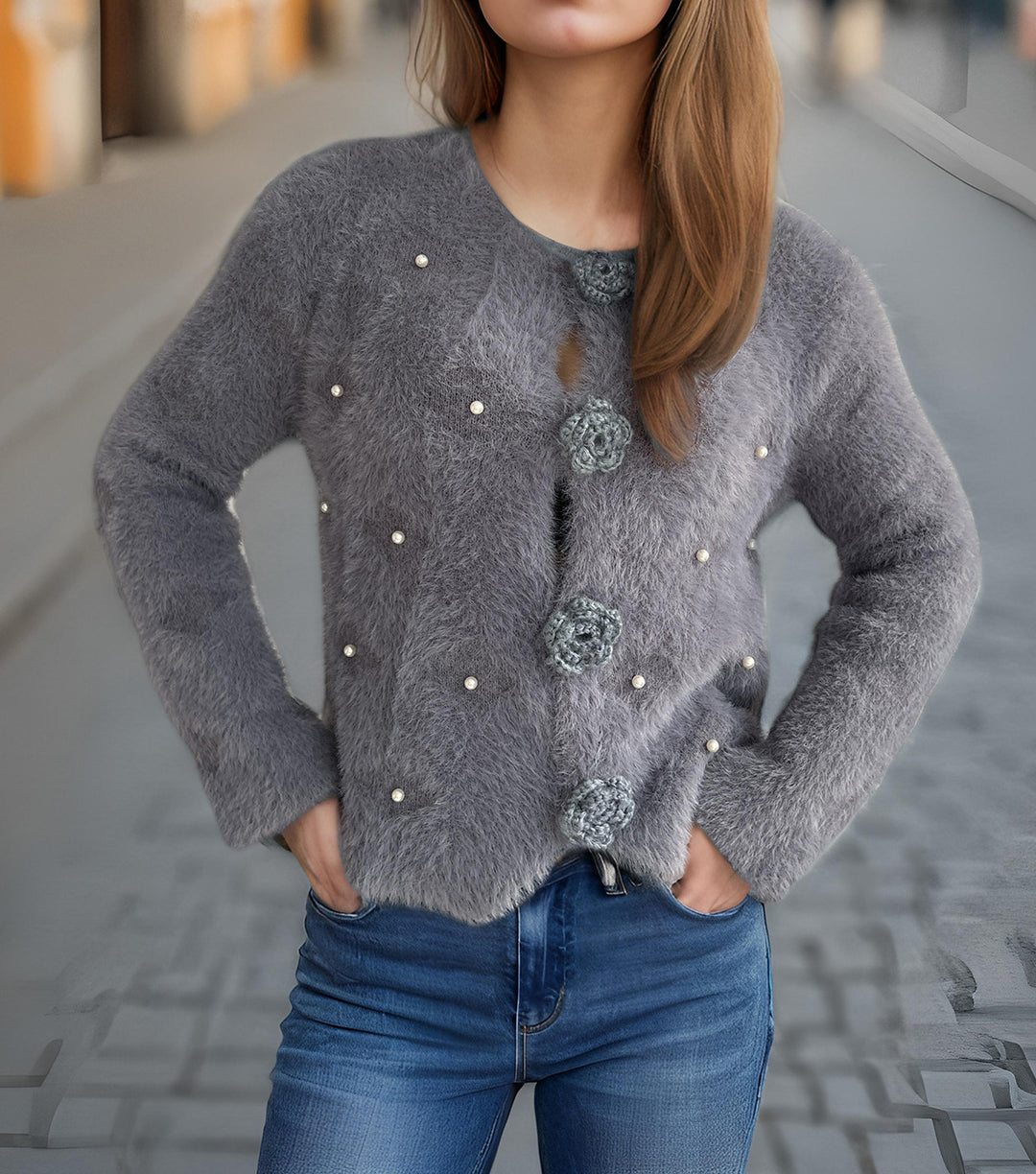 Damen Strickjacke mit floralen Applikationen und perlverzierter Detail Drune