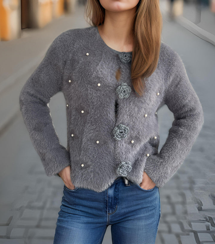 Damen Strickjacke mit floralen Applikationen und perlverzierter Detail Drune