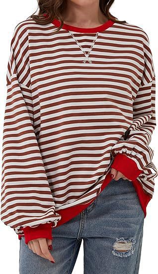 Damen Lässiges Oversize-Streifen-Sweatshirt mit Raglanärmeln und Kontrastbündchen Drune
