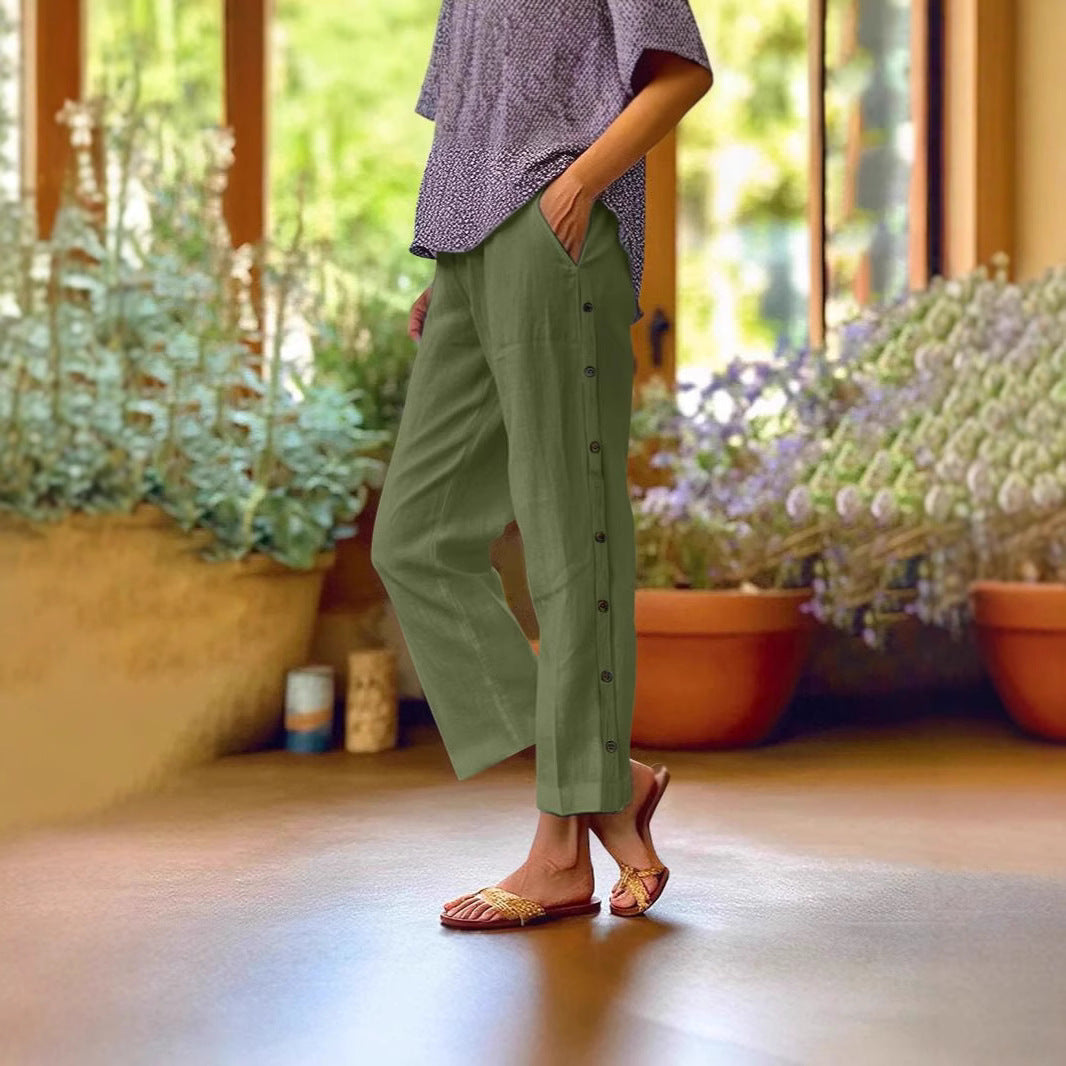 Damen Leichte Leinenmix-Hose mit seitlicher Knopfleiste und geradem Cropped-Schnitt Drune