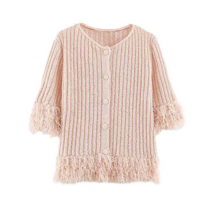 Damen Cardigan mit Fransenbesatz und Rippenstrick Drune