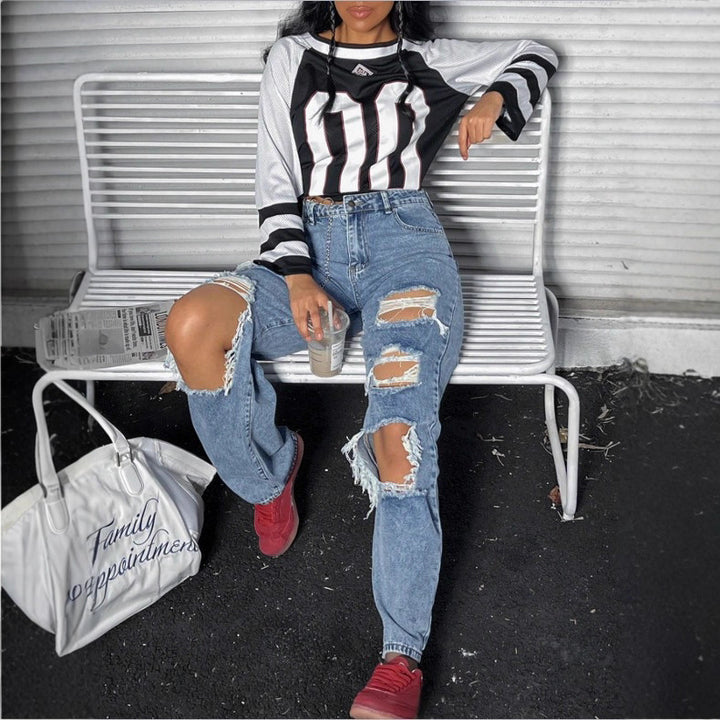 Damen Hochtaillierte Destroyed Baggy-Jeans mit weitem Bein und Knie‑Rips Drune