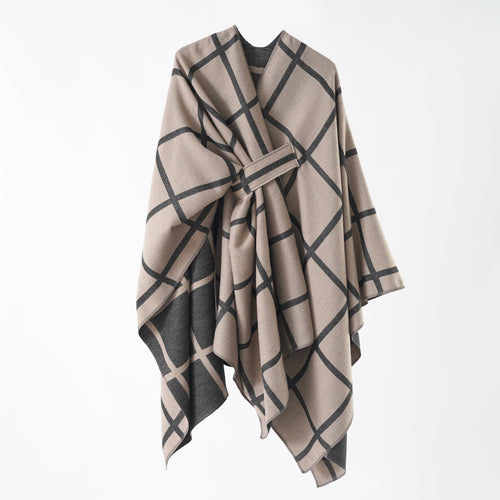 Damen Oversize Wollmix Poncho mit Gürtel und Karomuster Drune