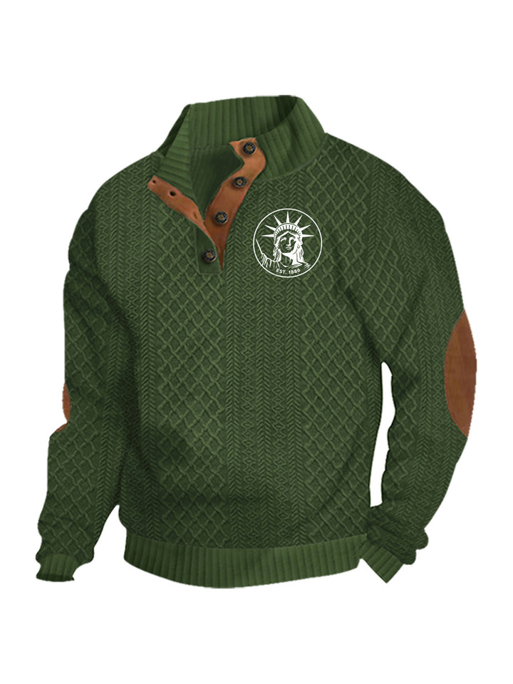 Herren nan Heritage-Strukturpullover mit Stehkragen Lederimitat-Besatz Ellenbogen-Patches und Halbknopfleiste Drune