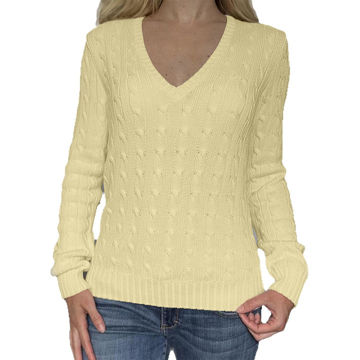 Damen nan Premium-Baumwollmix Zopfstrickpullover mit tiefem V-Ausschnitt und taillierter Silhouette Drune