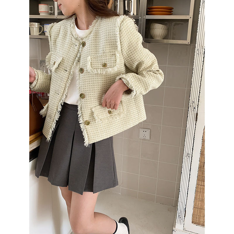 Damen cropped Strukturjacke mit Fransen und aufgesetzten Taschen Drune