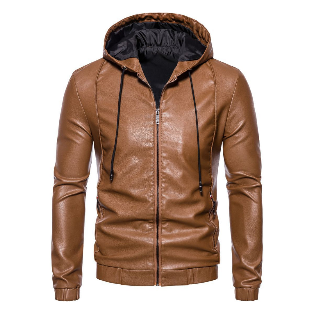 Herren Kapuzen-Lederjacke im Bikerstil mit Reißverschluss und schmaler Silhouette Drune