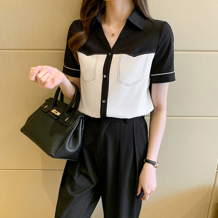 Damen Kurzarm Bluse mit kontrastierenden Taschen und modernen Akzenten Drune