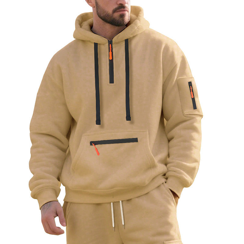 Herren Oversize-Kapuzenpullover mit halbem Reißverschluss, Kängurutasche mit Reißverschluss und Ärmel-Pocket Drune