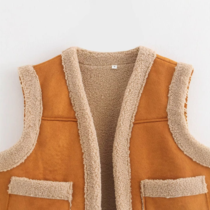 Damen Teddy-Weste mit praktischen Taschen und hohem Kragen Drune