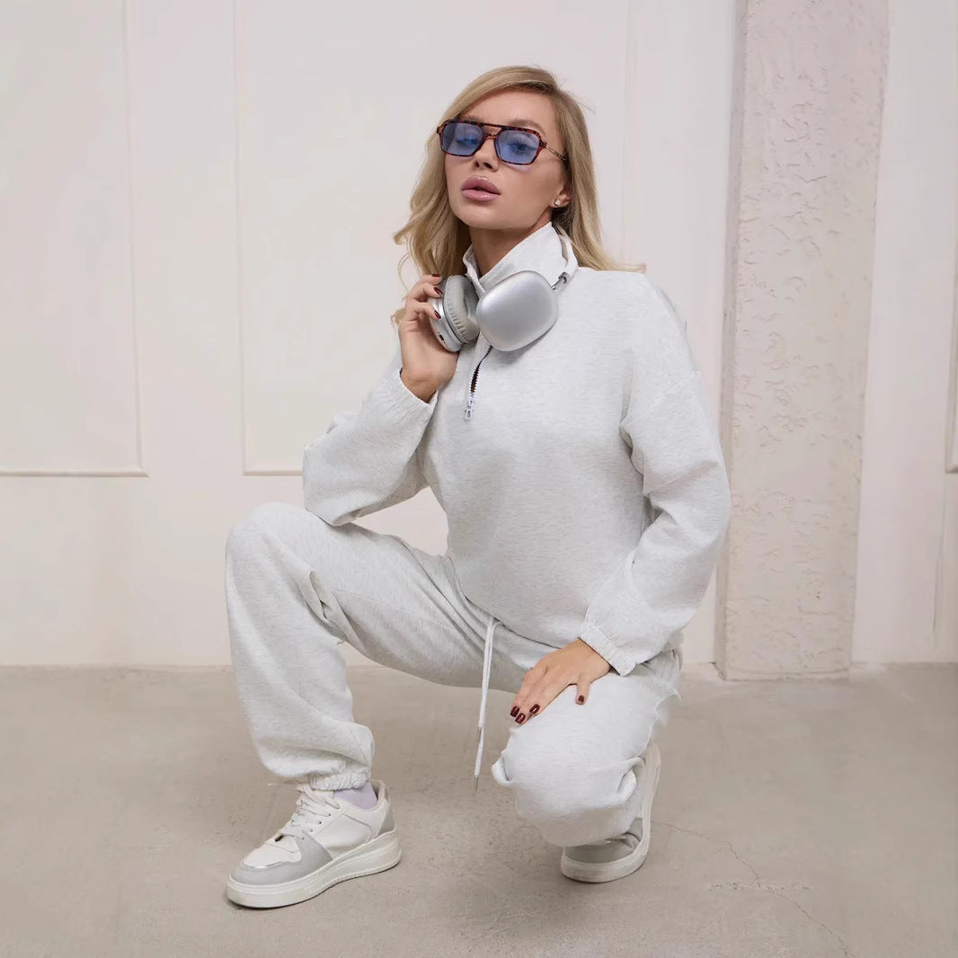 Damen weiches Lounge-Set mit halbem Reißverschluss, Kordelzughose und elastischen Bündchen Drune