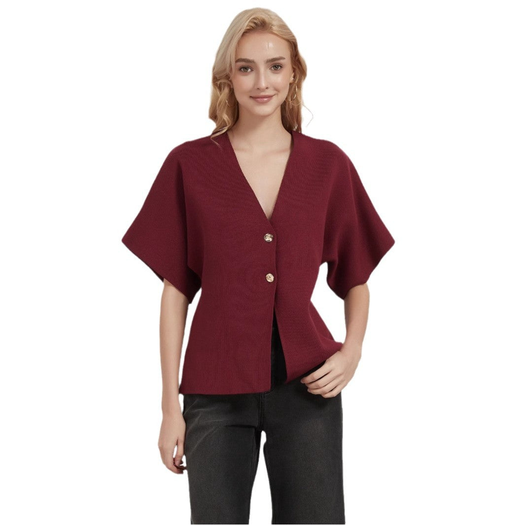 Damen modische Strickjacke mit tiefem V-Ausschnitt und eleganter Knopfleiste Drune
