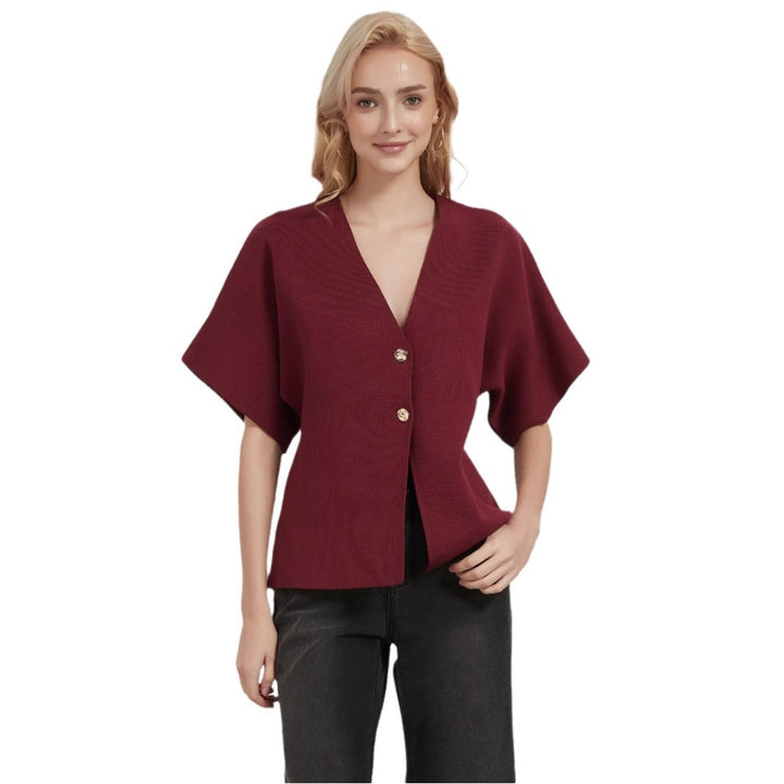 Damen modische Strickjacke mit tiefem V-Ausschnitt und eleganter Knopfleiste Drune