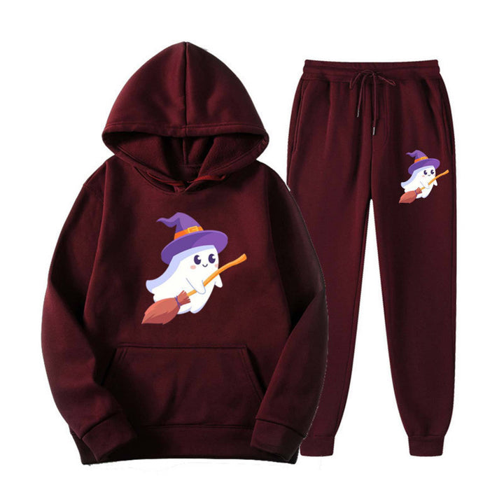 Unisex nan kuscheliger Kapuzenpullover und Jogginghose Set mit Halloween-Geistprint Drune