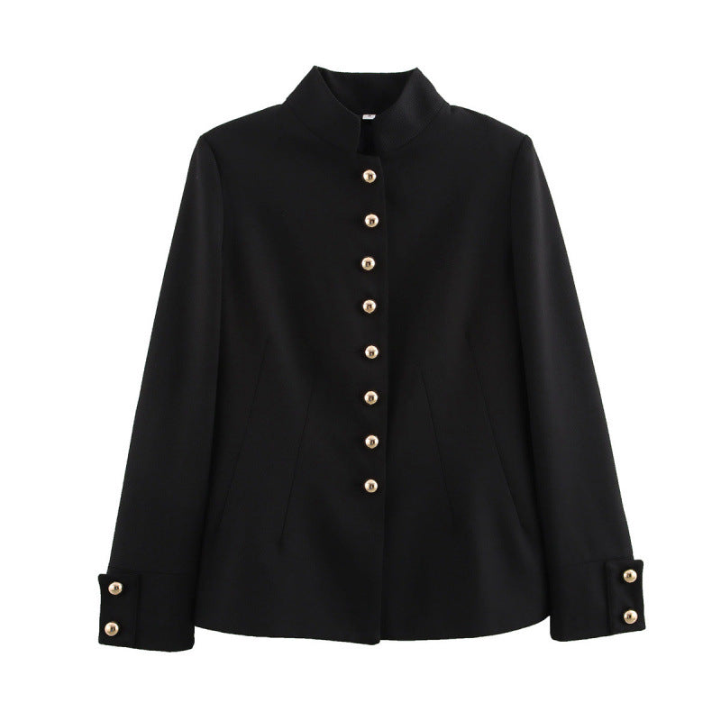 Damen elegante Jacke mit Stehkragen und goldenen Knopfdetails Drune