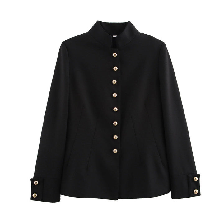 Damen elegante Jacke mit Stehkragen und goldenen Knopfdetails Drune