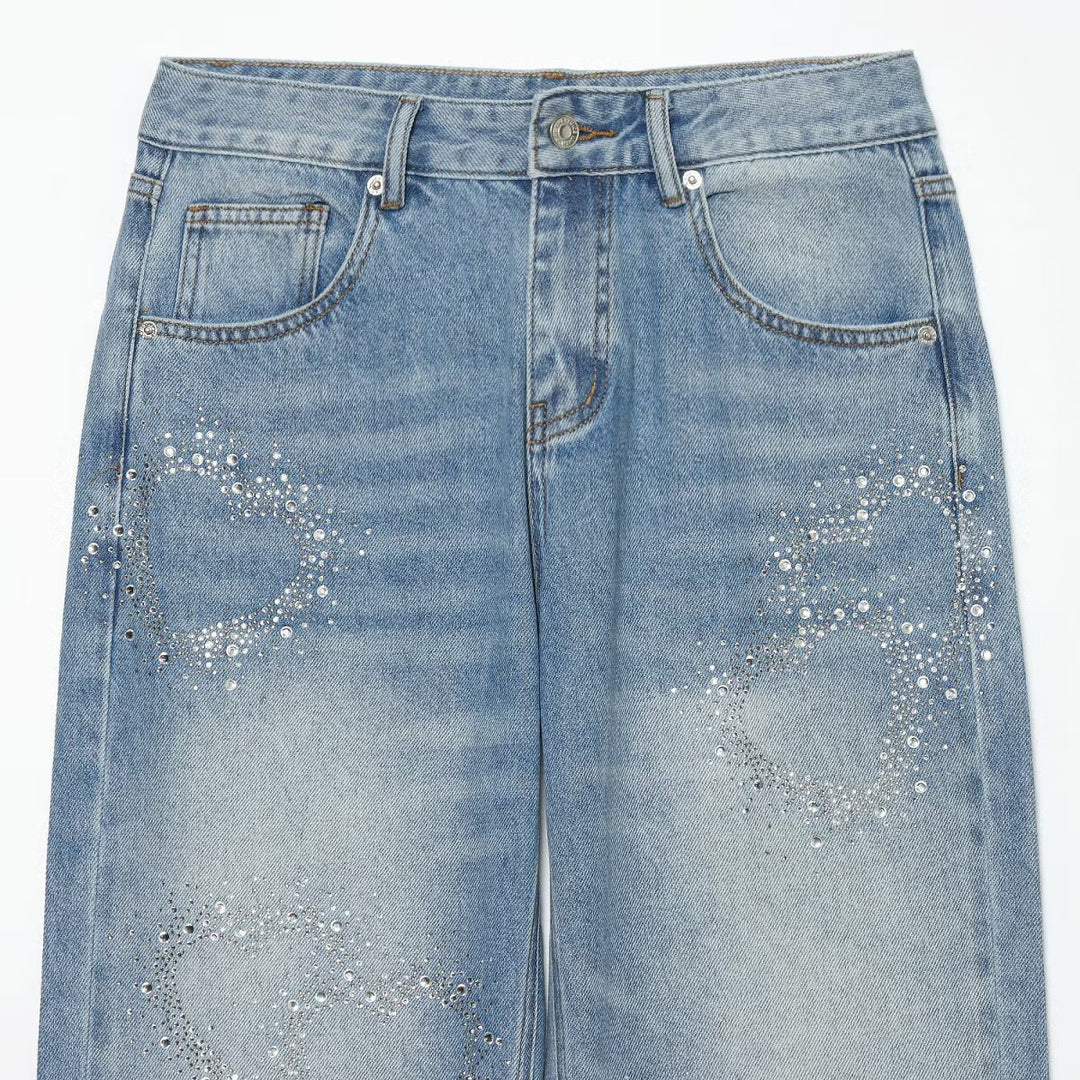Damen Weite Highwaist-Jeans mit geradem Bein und Herz-Strassbesatz Drune