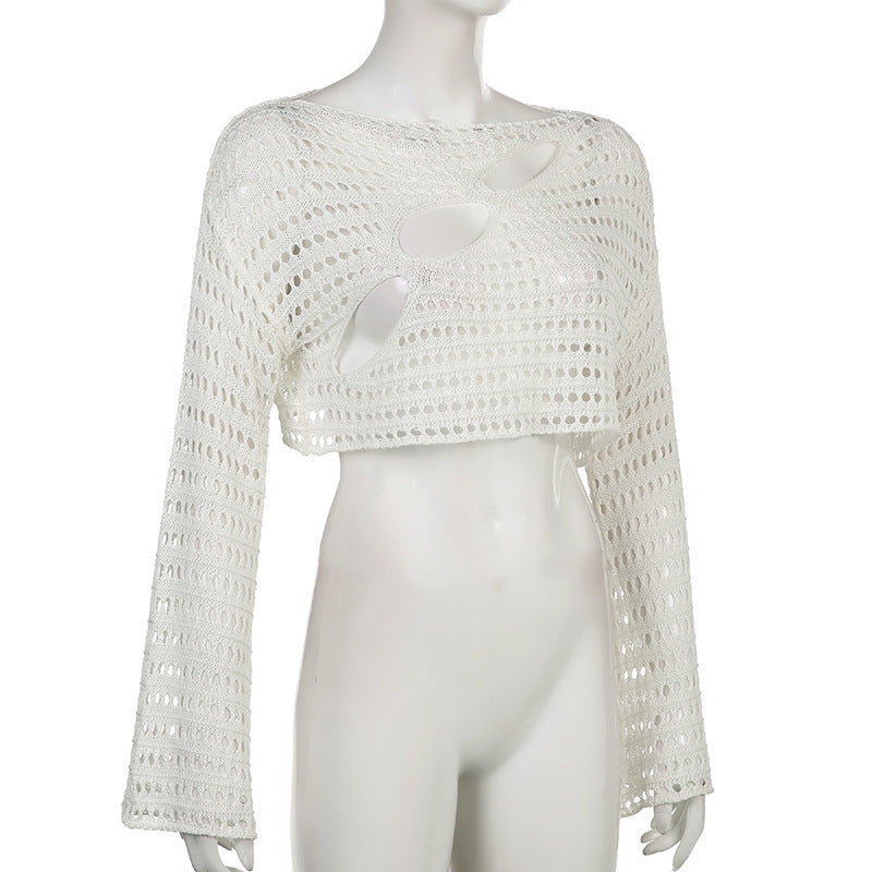 Damen Crop-Top mit offenem Maschenmuster und raffinierten Cut-Outs Drune