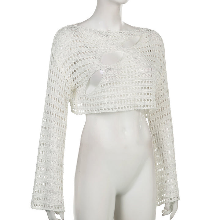 Damen Crop-Top mit offenem Maschenmuster und raffinierten Cut-Outs Drune