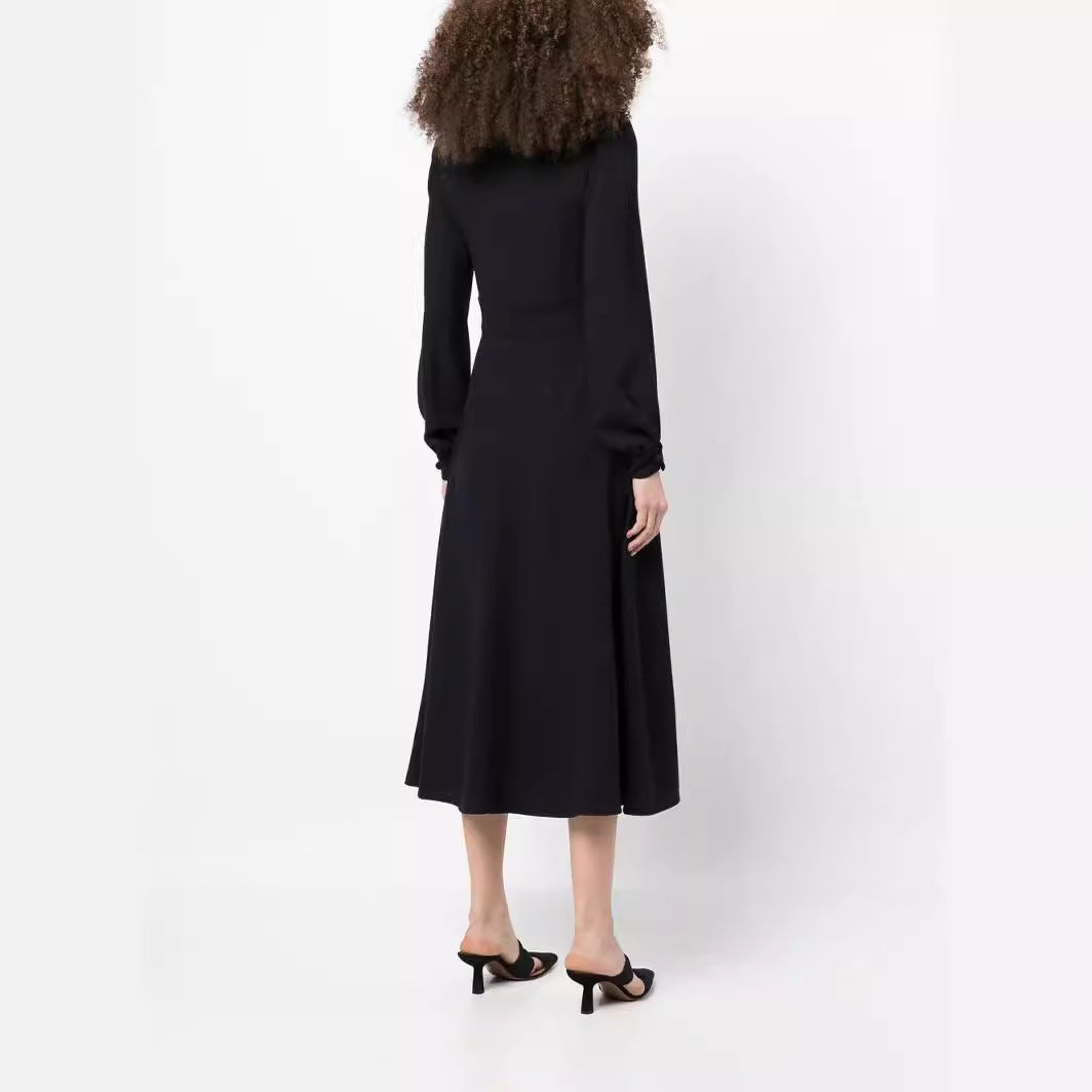 Damen Midikleid im Vintage‑Look mit hochgeschlossenem Kragen, asymmetrischer Zierknopfleiste und Frontschlitz Drune