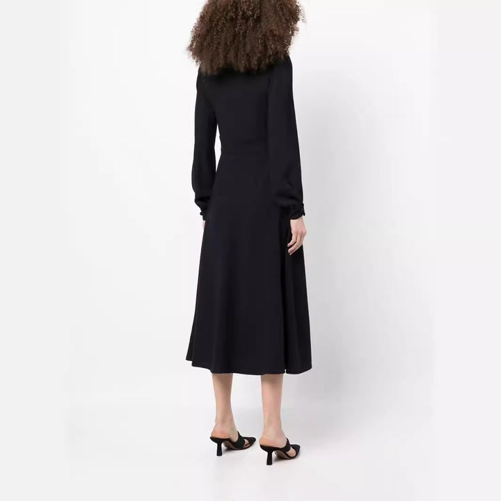 Damen Midikleid im Vintage‑Look mit hochgeschlossenem Kragen, asymmetrischer Zierknopfleiste und Frontschlitz Drune