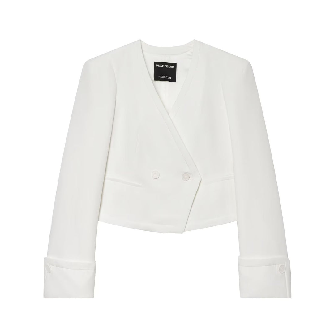 Damen Cropped Zweireihiger Blazer mit tiefem V-Ausschnitt und Manschetten Drune