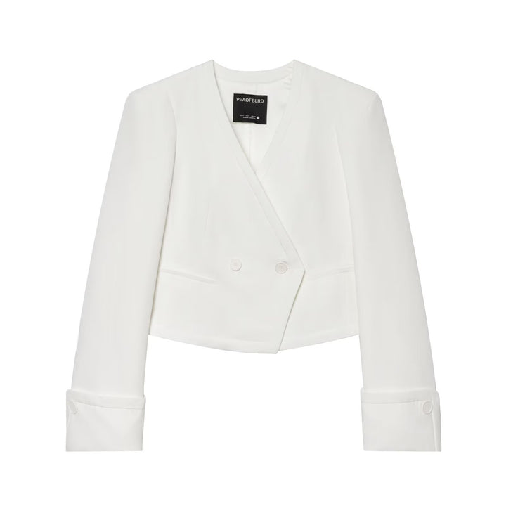Damen Cropped Zweireihiger Blazer mit tiefem V-Ausschnitt und Manschetten Drune