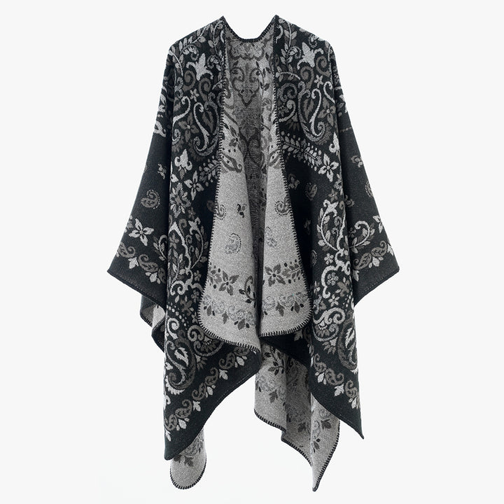 Damen Reversibler Ornamentaler Capeponcho mit feiner Jacquardstruktur Drune
