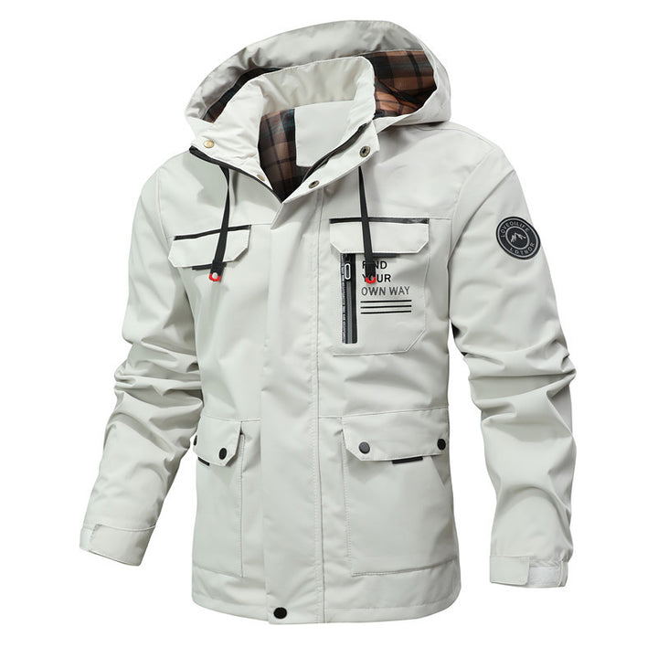 Herren Multitaschen-Softshell-Parka mit Kapuze und kariertem Innenfutter Drune