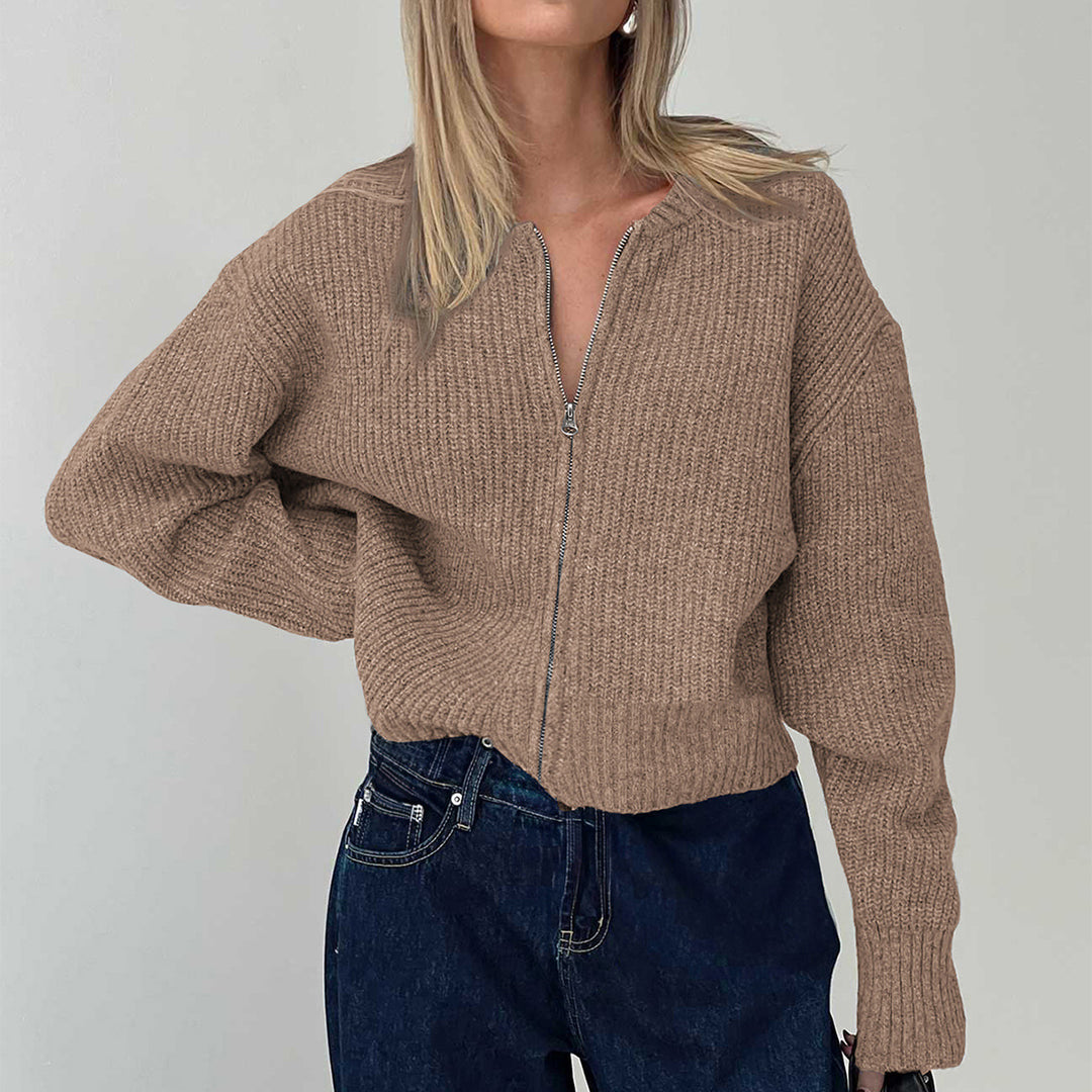 Damen nan kurzes Zip-Strickoberteil mit geripptem Saum, überschnittener Schulter und weichem Wollmix Drune