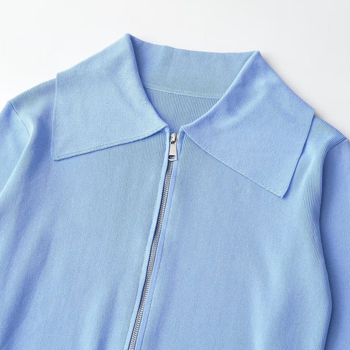 Damen Kurzgeschnittene Strickjacke mit breitem Reverskragen und Reißverschluss Drune