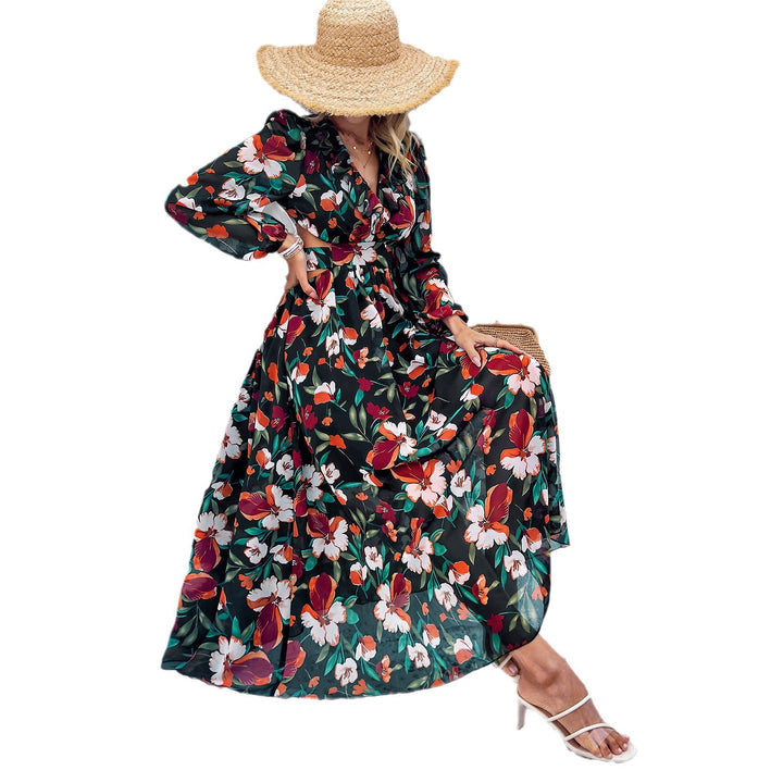 Damen nan luftig-fließendes Chiffon-Maxikleid mit Taillen-Cutouts, Rüschen-V-Ausschnitt und langen, transparenten Ärmeln Drune