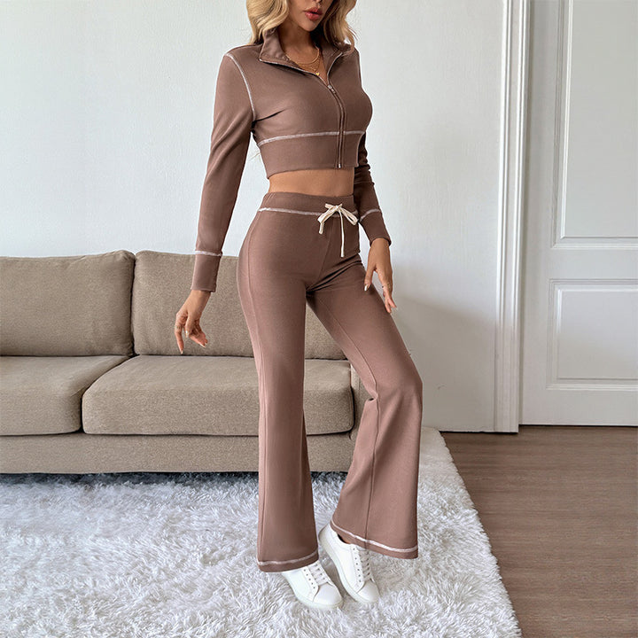 Damen Elegantes Sportliches Set mit hohem Kragen und elastischem Bund Drune