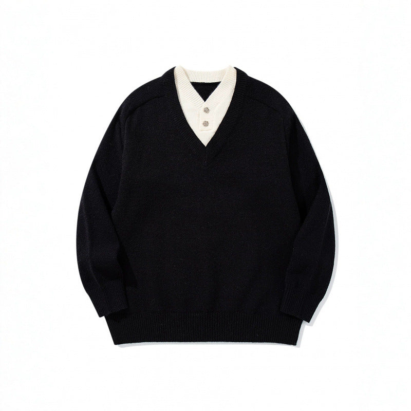 Herren V‑Ausschnitt-Pullover mit integriertem Henley-Kragen Drune