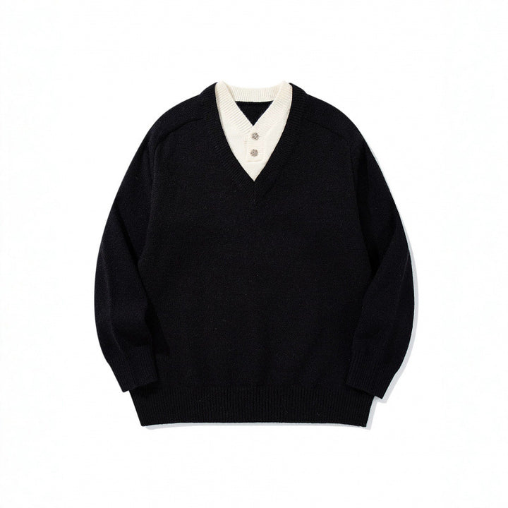 Herren V‑Ausschnitt-Pullover mit integriertem Henley-Kragen Drune