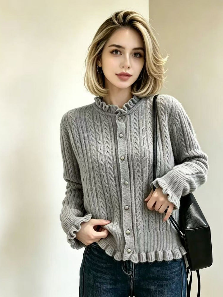 Damen Elegante Strickjacke mit Rüschendetails Drune