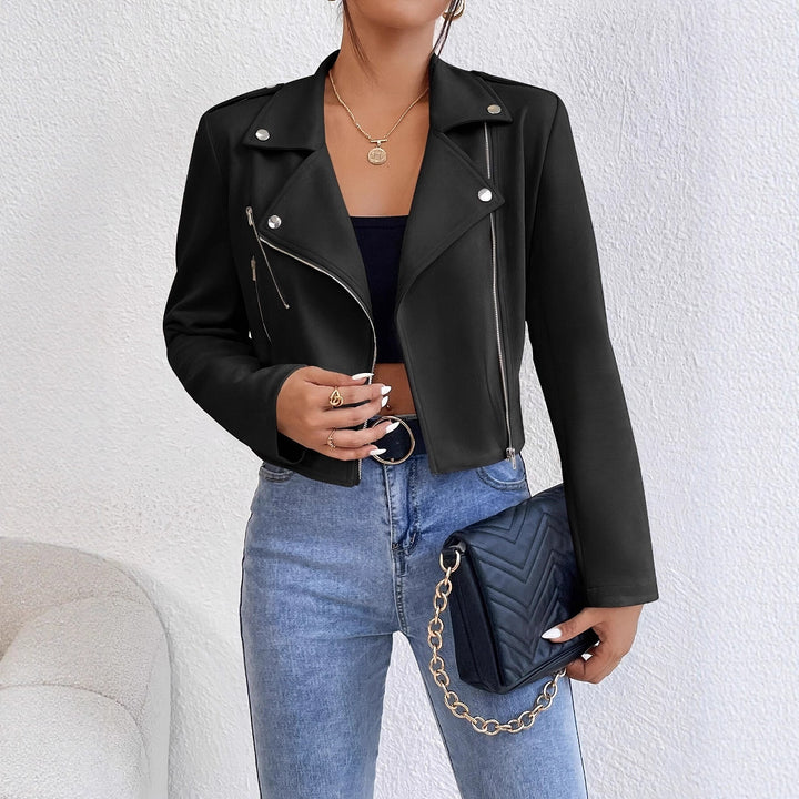 Damen Stylische Kunstlederjacke im Biker-Stil mit asymmetrischem Reißverschluss Drune