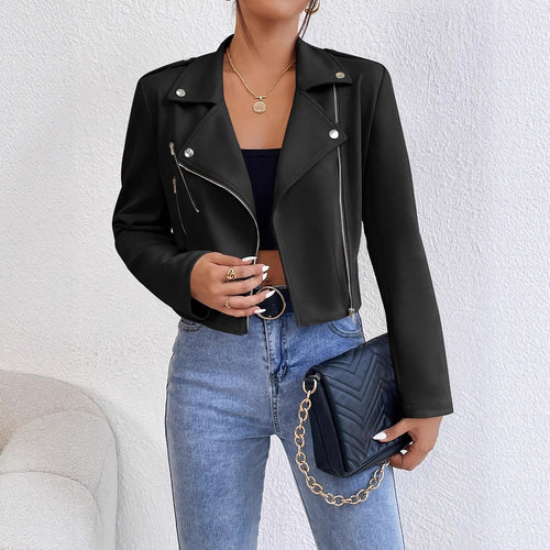 Damen Stylische Kunstlederjacke im Biker-Stil mit asymmetrischem Reißverschluss Drune