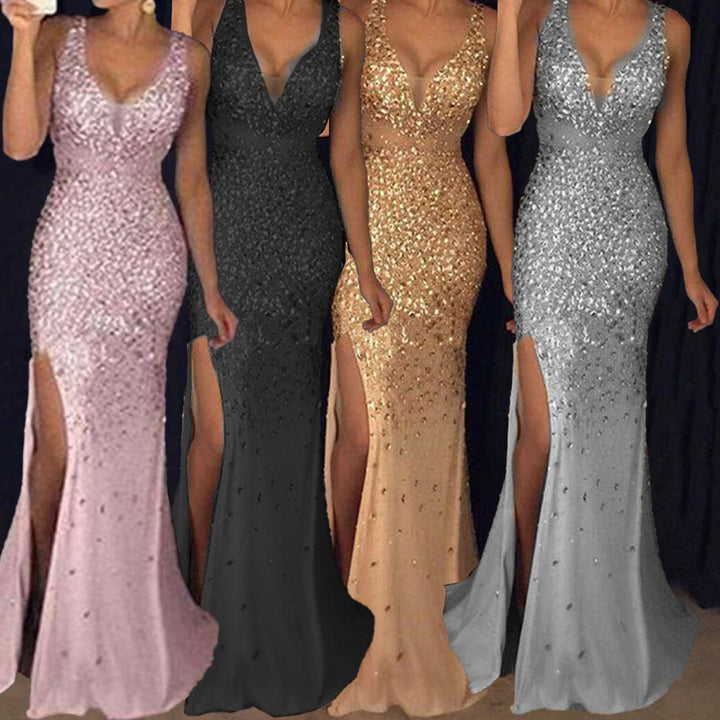 Damen Funkelndes Abendkleid mit tiefem V-Ausschnitt und seitlichem Schlitz Drune