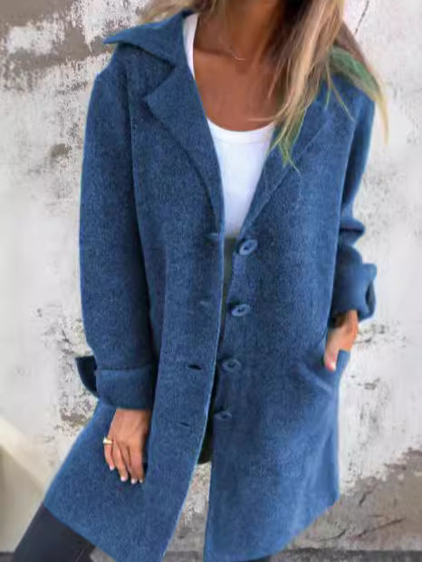 Damen Plüschiger Wollmantel mit großen Knöpfen Drune