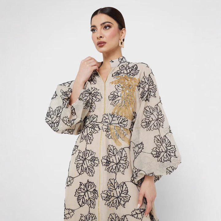 Damen Besticktes Maxikleid im Kaftan-Stil mit Reißverschluss, Taillengürtel und Ballonärmeln Drune