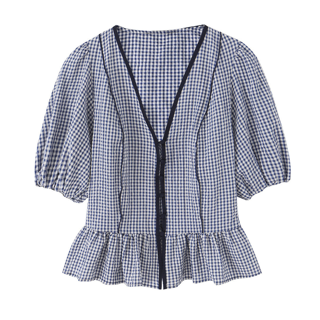 Damen Vichy-Karo Bluse mit tiefem V-Ausschnitt, Puffärmeln und Schößchen Drune
