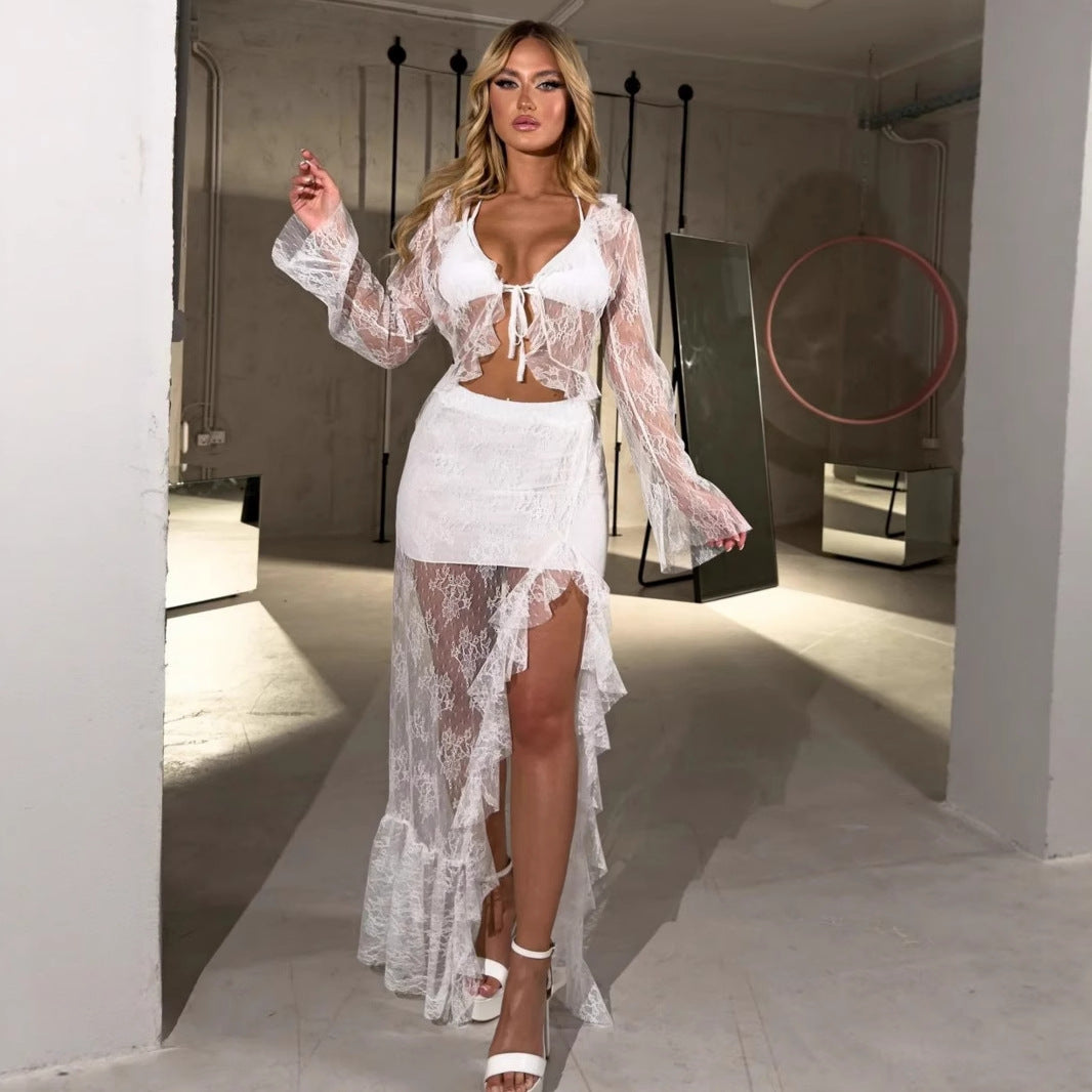 Damen Transparente Bluse mit Rüschenärmel und frechem Bindeband Drune